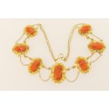 Italian cameo and gold filigree choker necklace, late 19th or early 20th Century, the seven coral