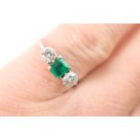Emerald and diamond three stone ring, centred with a square cut emerald of approx. 0.25ct, in