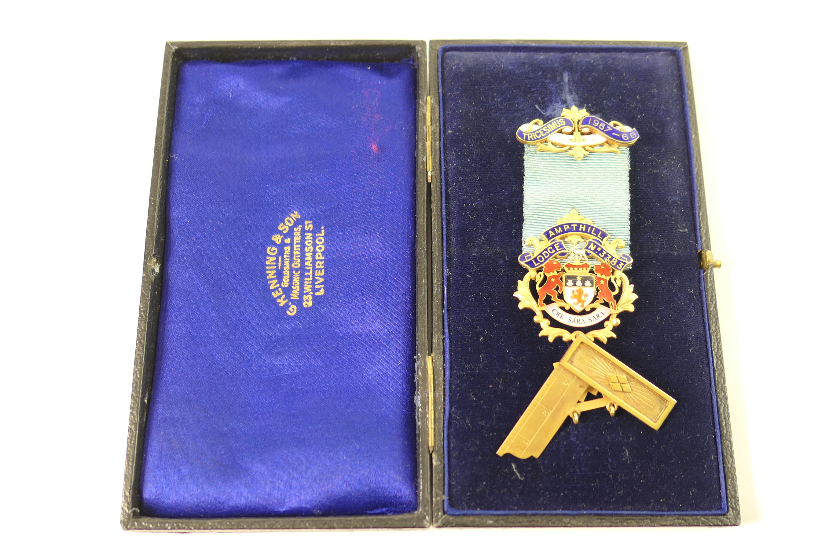 Masonic interest - 14ct gold and enamelled jewel No. 83383 'Ampthill Lodge', circa 1968, by