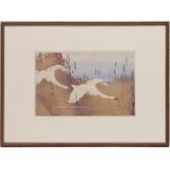Allen William Seaby (1867-1953), Mute swans in flight, hand coloured woodblock print, signed in
