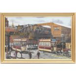Doug Kewley (b.1938), Vintage scene of trams on Liverpool dock side, signed oil on canvas, dated