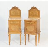 Pair of Italian satinwood and chestnut night cabinets, en-suite to the previous lot, having a carved