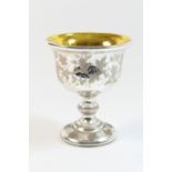 Victorian mercury glass goblet, circa 1850, having a gilded interior, the exterior etched with birds