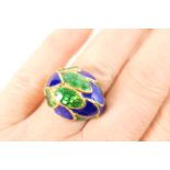 Italian 18ct gold and enamelled dress ring, worked as overlapping leaves in green and blue enamel,