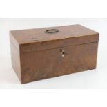 Regency mahogany tea caddy, circa 1820, having two wooden caddies to the inside around a vacant well