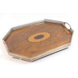 Late Victorian silver walnut and marquetry serving tray, maker CF, Sheffield 1882, canted