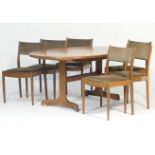 G plan teak dining suite, comprising oval extending dining table and six fabric upholstered dining