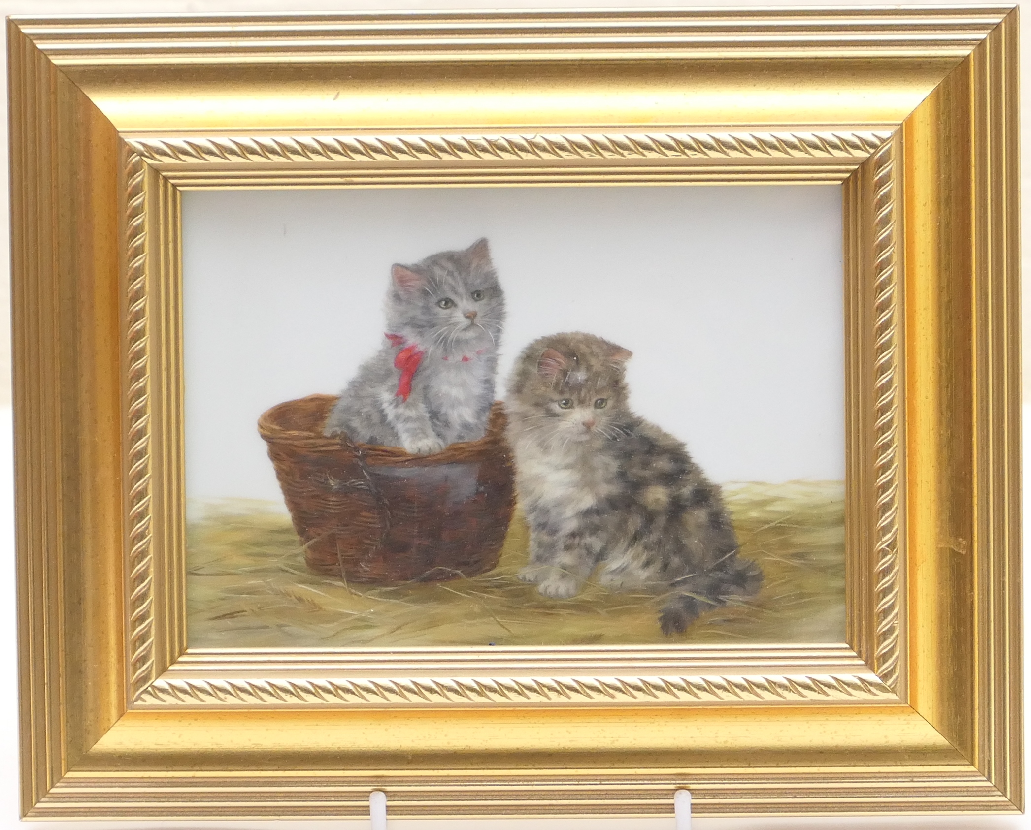 Bessie Bamber (1870-1910), Pair, 'Kittens with a parasol', and 'Kittens in a basket' oils on