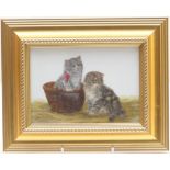 Bessie Bamber (1870-1910), Pair, 'Kittens with a parasol', and 'Kittens in a basket' oils on