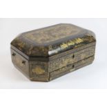 Chinese black lacquered Export sewing box, 19th Century, canted rectangular form decorated with gilt
