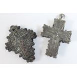 Two post Byzantine white metal reliquary crosses, 17th or 18th Century, one having figurative niello