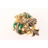 Continental rose diamond, pearl and enamelled brooch, 19th Century, worked as vine leaves and