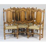 Set of eight oak dining chairs in William and Mary style, comprising two carvers and six singles,