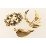 9ct gold sapphire and pearl brooch, the stones set in a textured crystalline open form, 35mm; also a