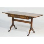 Burr walnut sofa table, early 20th Century, the top with two drop leaves, featherbanded and
