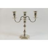 Modern silver candelabrum, Birmingham 1975, having three sconces over a knopped and waisted column