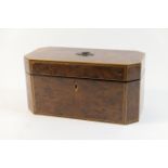 Regency yewood tea caddy, canted rectangular form opening to reveal a single lidded wooden caddy and