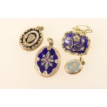 Victorian pearl and blue enamel brooch, set in unmarked yellow metal with locket back and safety