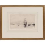 Harold Wyllie (1880-1975), Tall ship moored in a harbour, etching, signed in pencil, 18cm x 32cm