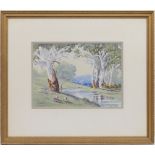 Victor Robert Watt (Australian 1886-1970), Sheep grazing beneath eucalyptus, watercolour, signed,