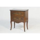 French mahogany and brass inlaid small chest, the top with canted corners, brass edging and line
