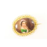 Italian hand decorated porcelain brooch, late 19th Century, oval form decorated with a young woman