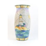 Crown Devon Fieldings yacht and lighthouse patterned vase, ovoid form with slightly everted rim,