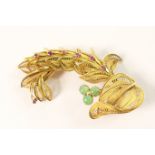 Chinese 14ct gold filigree jade and pink sapphire wheat ear brooch, 63mm, gross weight approx. 15g
