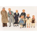 German doll's house doll family 'Biege Puppchen' by Lahe, composition and fabric bodies,