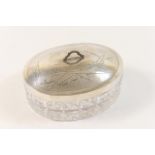 Anglo-Japanese white metal lidded cut glass box, oval form with slightly domed metal cover, engraved