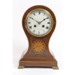 French mahogany and inlaid balloon mantel clock, white enamelled dial with Roman numerals, the