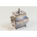 Edwardian electroplated tea caddy, rectangular baluster form with lions mask ring handles and hinged