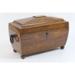 Regency rosewood sarcophagus tea caddy, with boxwood edging, hinged domed cover opening to reveal