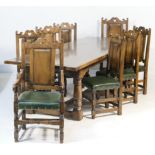 Oak refectory dining table and eight dining chairs, the table with four plank top and cleated