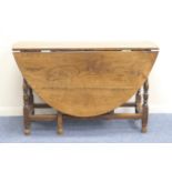 Oak gateleg table, 18th Century and later, plank top with demi-lune drop leaves supported on