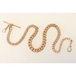 9ct gold graduated curb link watch albert, with T-bar and two spring clips, length 40cm, weight