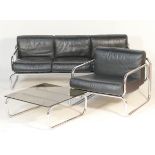 Retro chrome tubular framed and black leather upholstered lounge suite in the style of PEL,