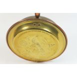 Rare dated brass warming pan, circa 1869, with a turned ebony handle and inscribed to the pan '