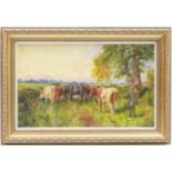 Squire Howard (active circa 1900), Changing pastures, signed oil on board, titled verso, 26cm x 43cm