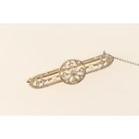 Late Victorian diamond and pearl bar brooch, Gothic inspired design centred with a round brilliant