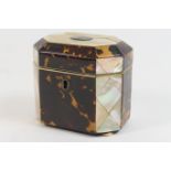 Regency tortoiseshell and mother of pearl tea caddy, canted rectangular form, the hinged cover