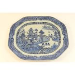 Chinese blue and white export meat plate, late 18th or early 19th Century, decorated with a pagoda