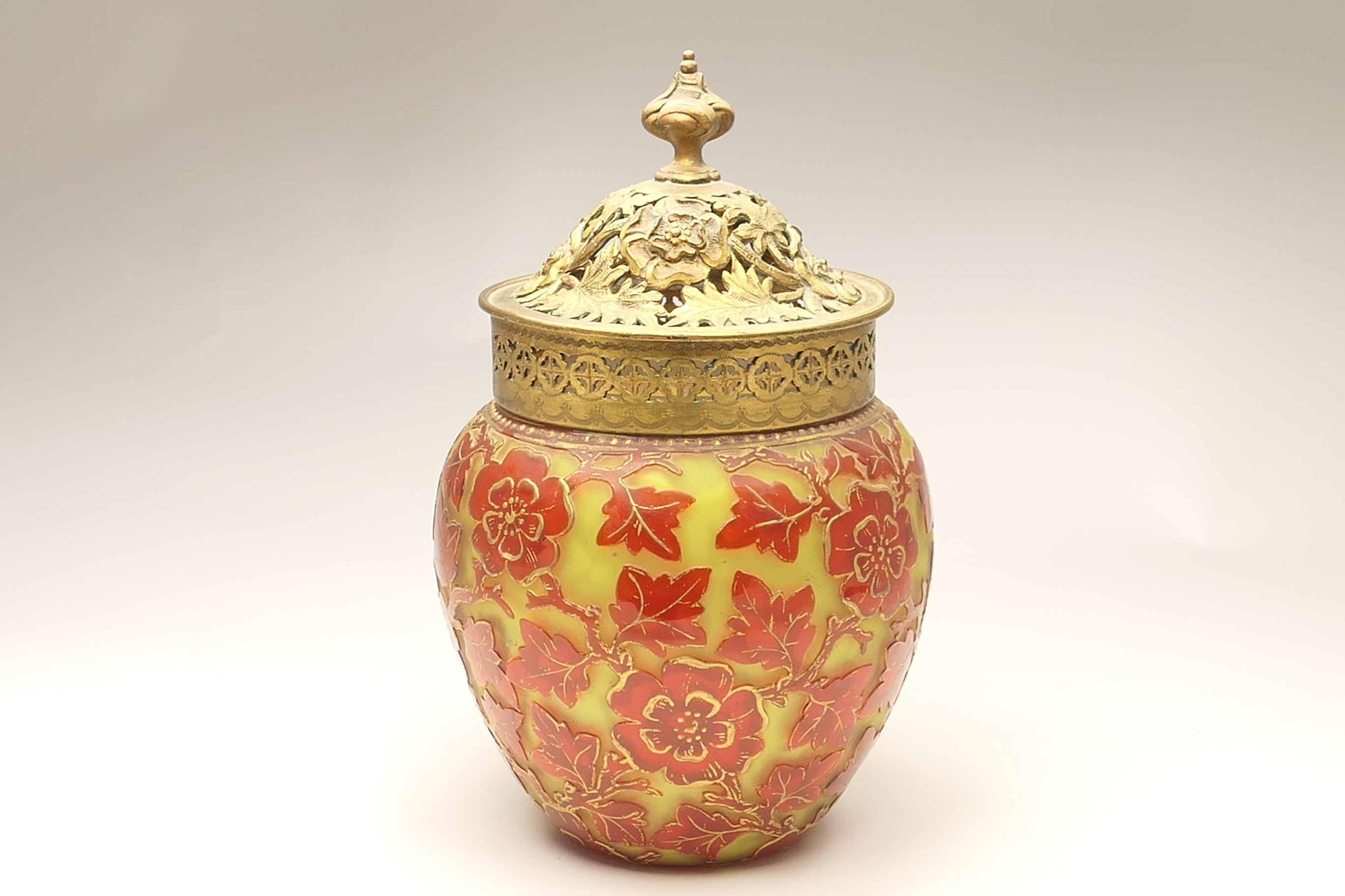 French cameo glass pot pourri vase, circa 1900, shouldered ovoid form with a cast brass pierced