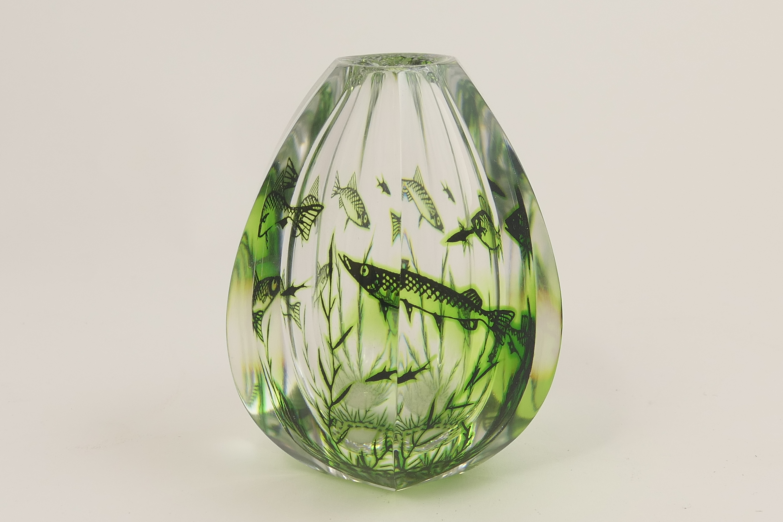 Orrefors Graal glass vase, by Edward Hald, of heavy octagonal baluster form, internally decorated