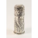 Victorian silver sugar sifter, London 1889, cylinder form repousse decorated with floral sprays