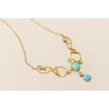 Edwardian 15ct gold turquoise and pearl pendant necklace, centred with a cross form with cabochon