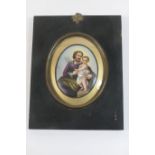 German porcelain plaque, hand decorated with the infant Christ and a disciple, 8cm x 6.5cm, oval,