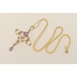 Amethyst and pearl openwork pendant necklace, the pendant worked as foliate fronds centred with a