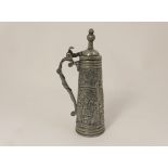 Rare German pewter wine flagon, commemorating a marriage and inscribed 1573, the tapered vessel with