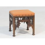 Moorish inspired walnut stool, in the manner of Leonard Wyburd, circa 1900, terracotta upholstered